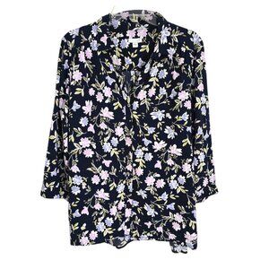 J Jill Women's Navy Floral Button Up Blouse 3/4 Sleeve Collared Rayon Size L